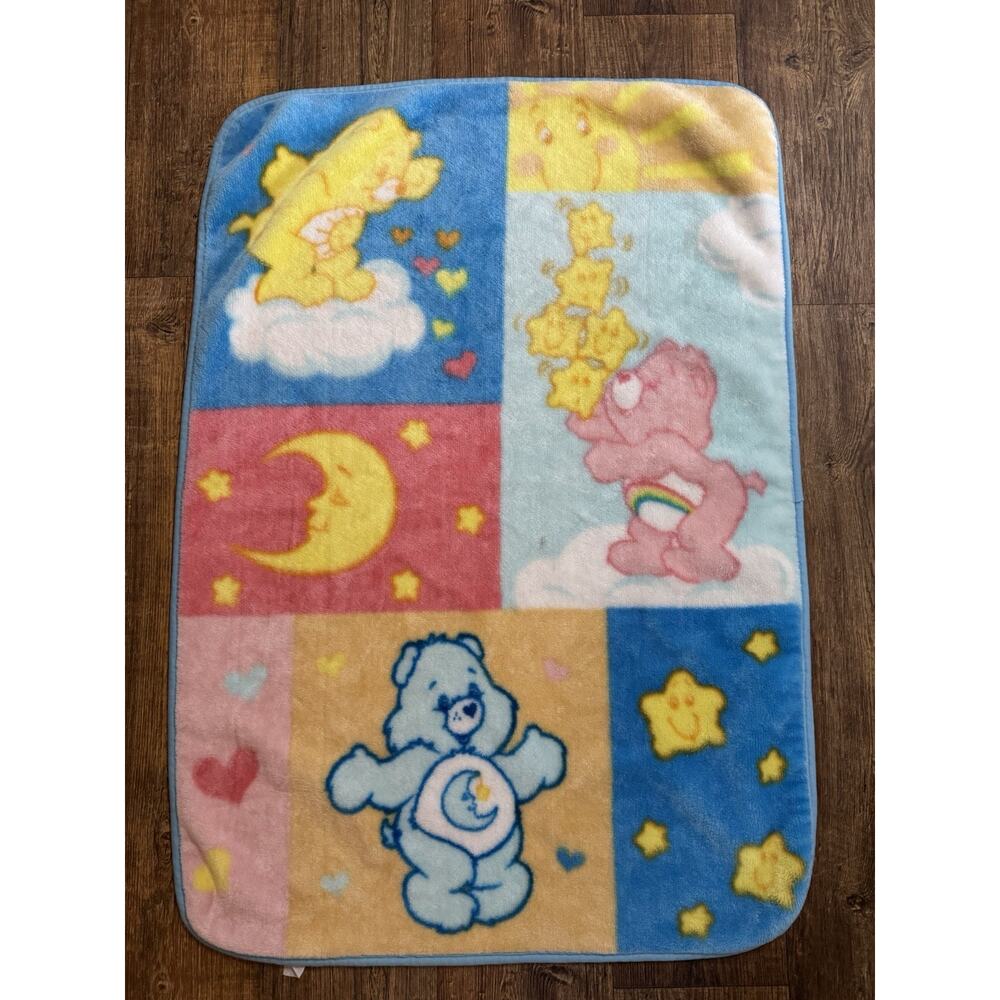 Vintage CARE BEARS Plush Baby Blanket Lux Crib Throw 40"x 30" Moon Stars Hearts